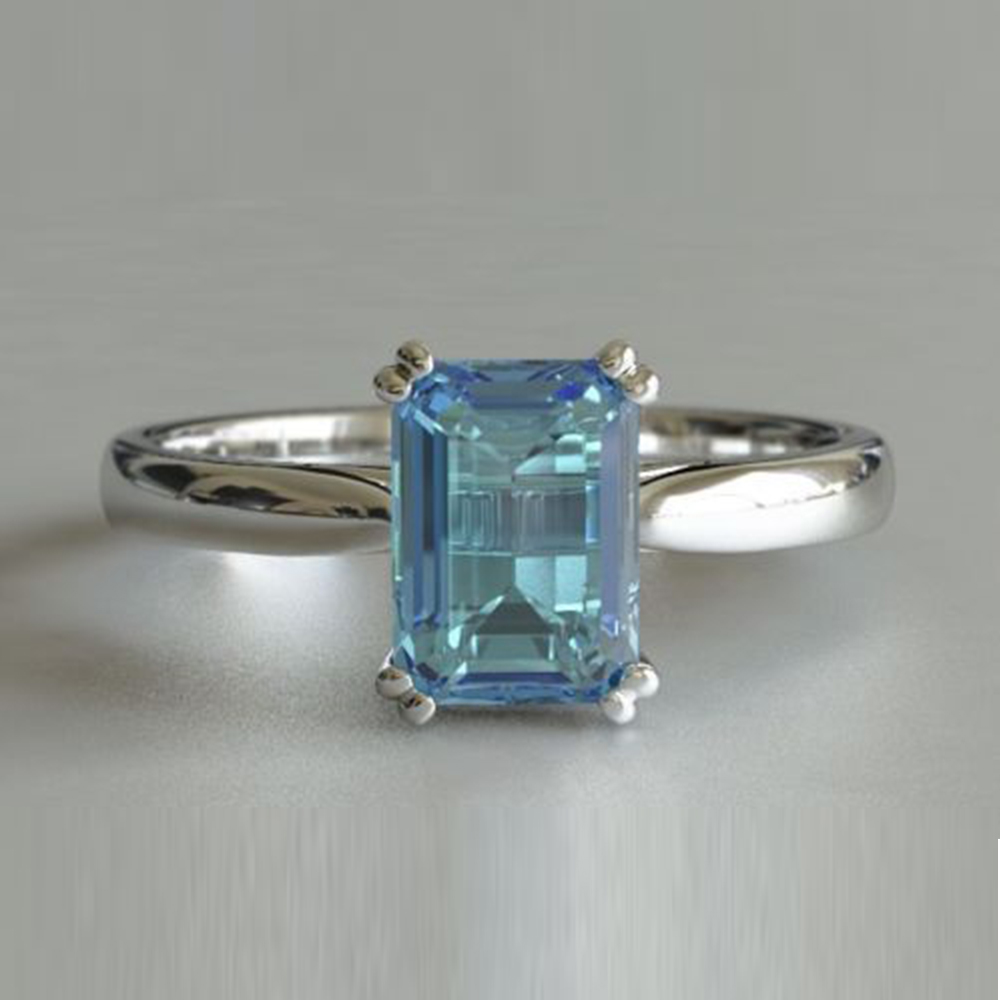 3.00 Ct Anniversary Gift Aqua Blue Emerald Cut Solitaire Engagement Promise Ring White Gold Finish