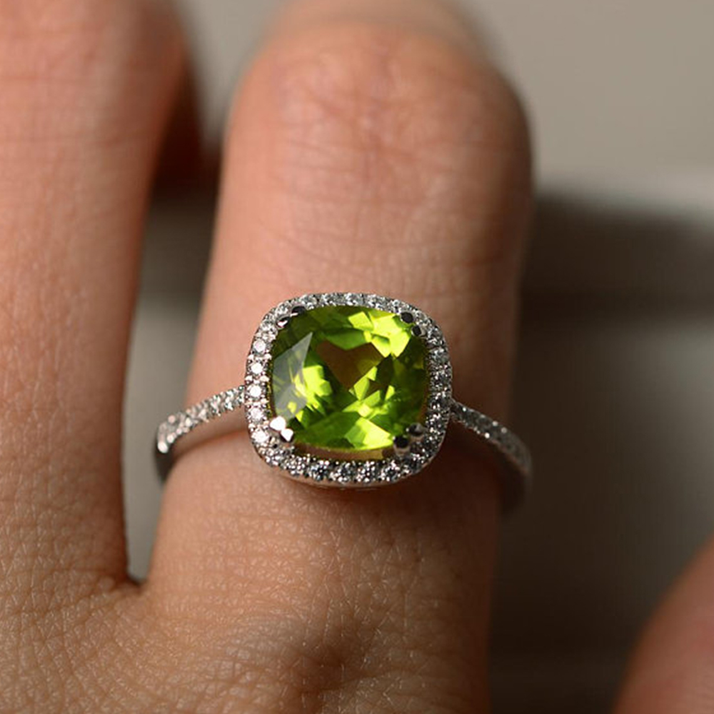 2.1 Ct Promise Green Gemstone Cushion Cut Halo Engagement Ring White Gold Finish
