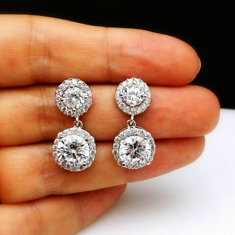 1.95 Ct Round Cut Diamond Halo Dangle Earrings Sterling Silver Women Jewelry