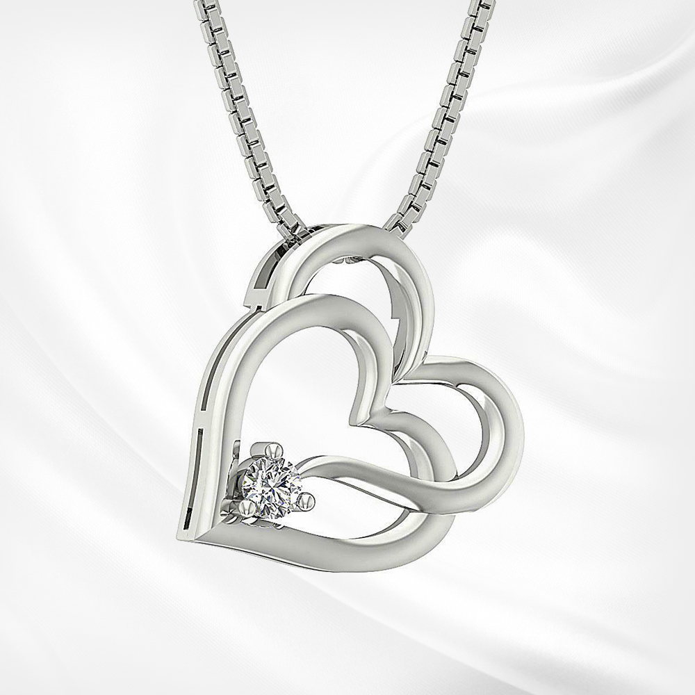 Double Heart Pendant Necklace 0.50 Ct Signity Diamond Prong Set White Gold Finish
