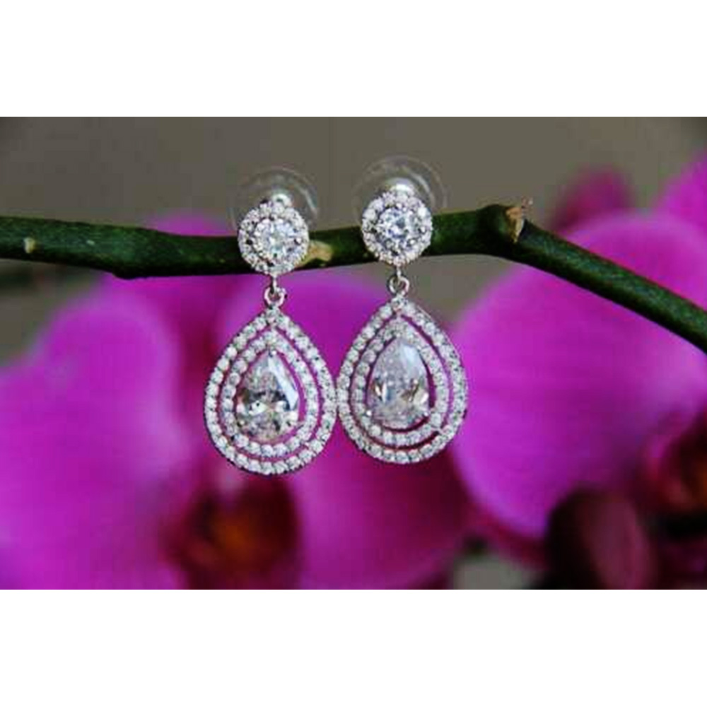2.00 Ct Pear Cut Diamond Double Halo Dangle Earrings Sterling Silver Women Jewelry