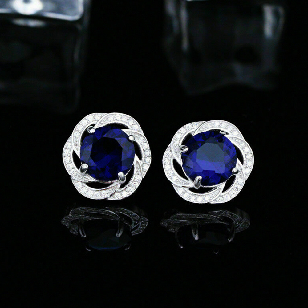 2.50 Ct Beautiful Round Cut Sapphire Halo Stud Earrings Sterling Silver Women Jewelry