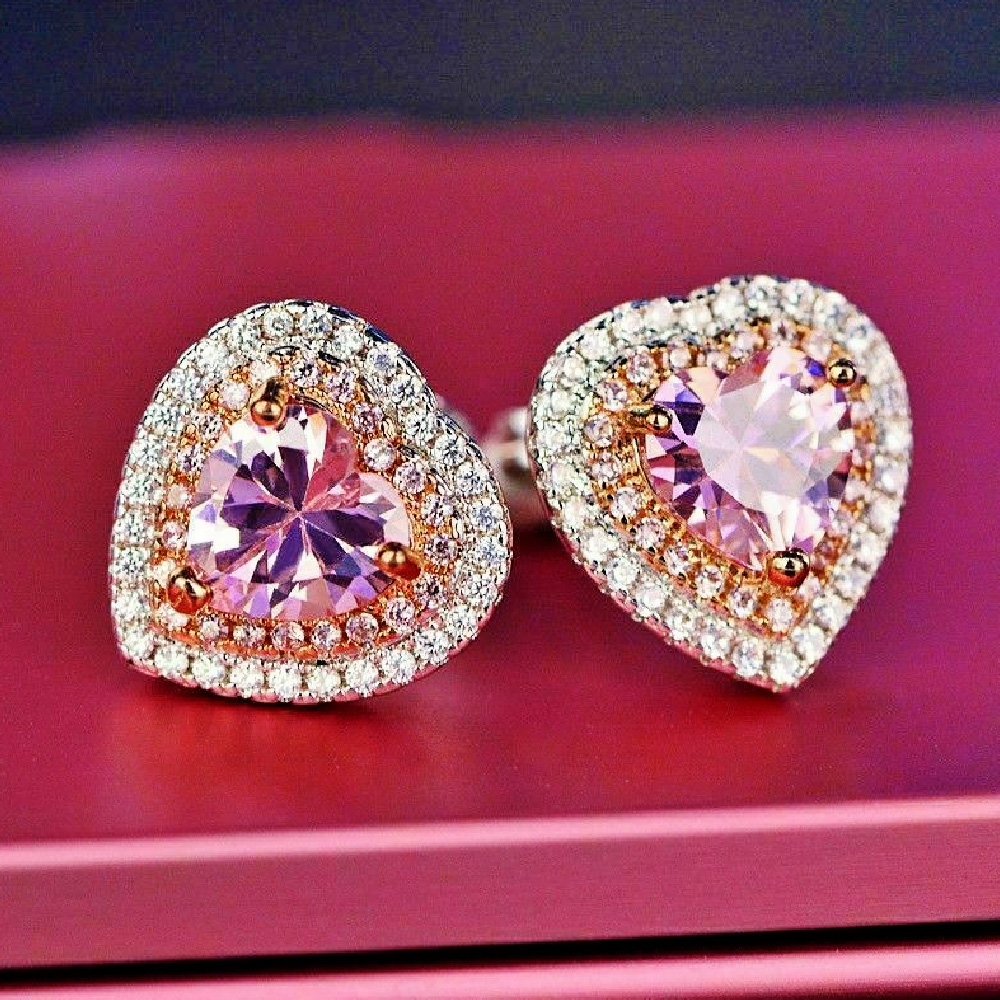 3.00 Ct Heart Cut Pink Sapphire Halo Stud Earrings Fancy Sterling Silver Women Jewelry