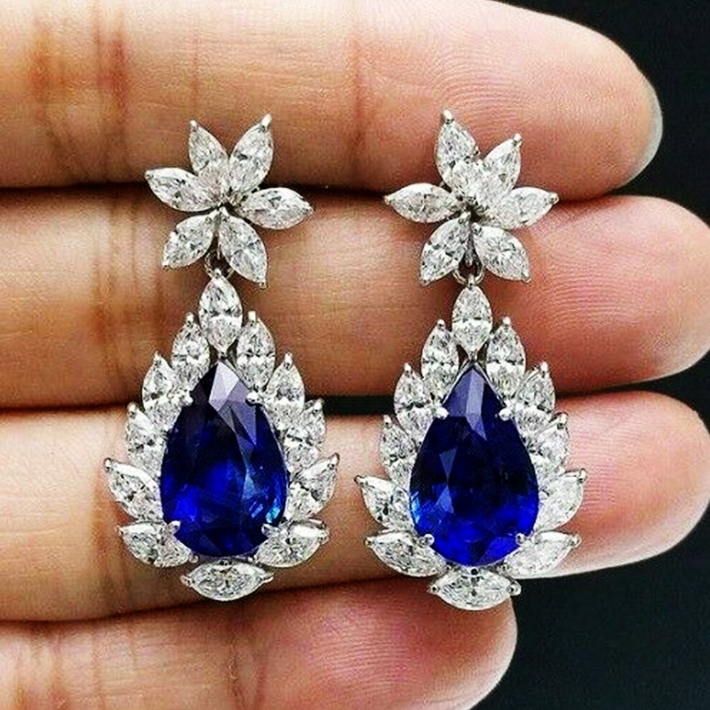 3.00 Ct Pear Cut Blue Sapphire Cluster Dangle Earrings Sterling Silver Women Jewelry