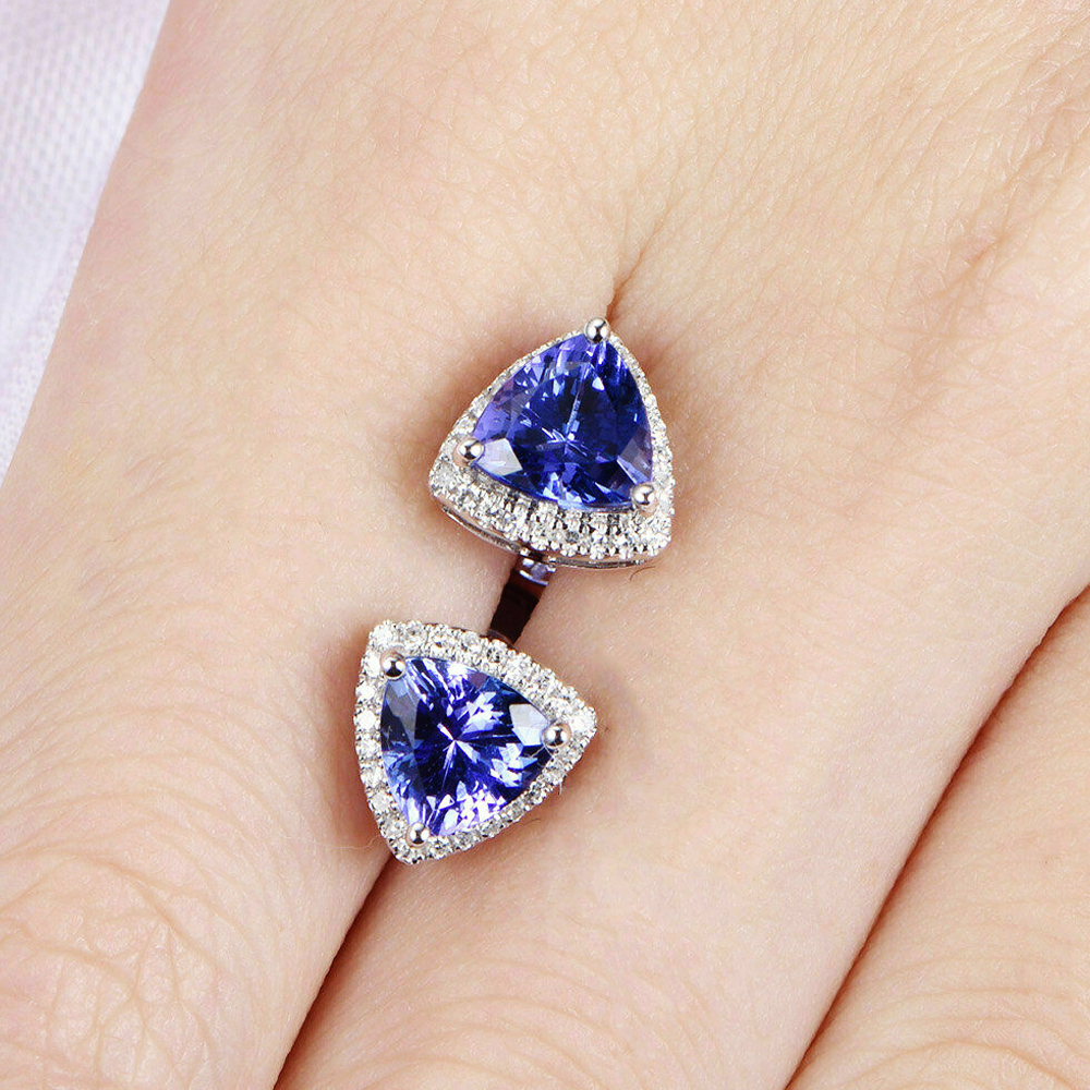 3Ct Triillion Unique Cut Blue Sapphire Halo Stud Earrings Sterling Silver Women Jewelry