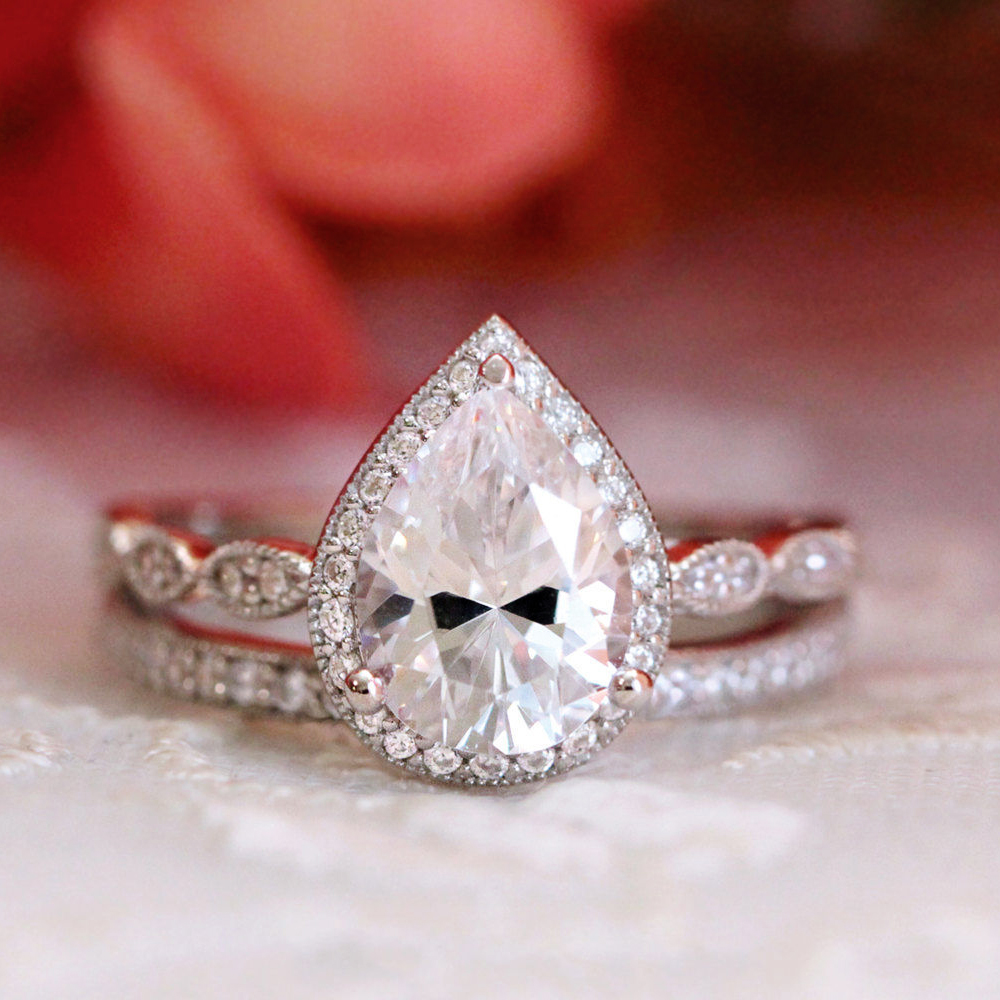 2.60 Ct Pear Cut Diamond Halo Wedding Ring Bridal Set White Gold Finished