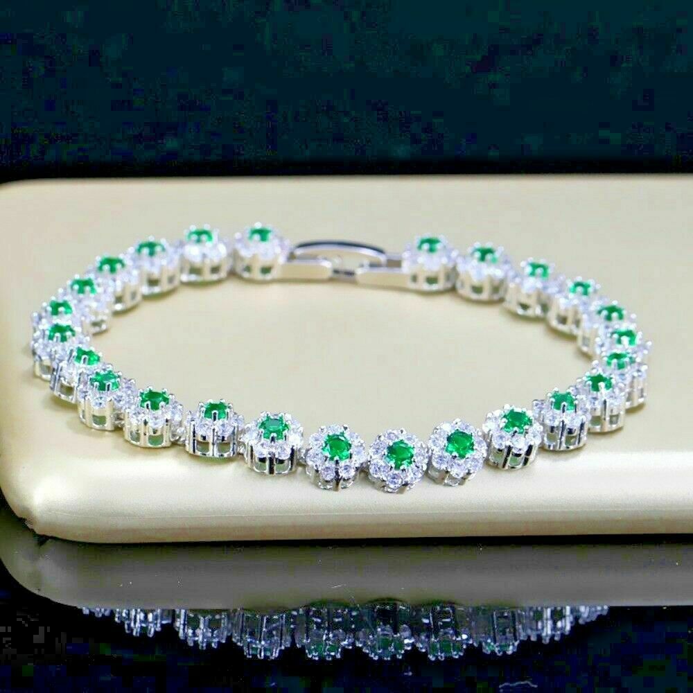 Beautiful Tennis Bracelet 7ct Emerald & Diamond Prong Set Sterling Silver White Gold Finish