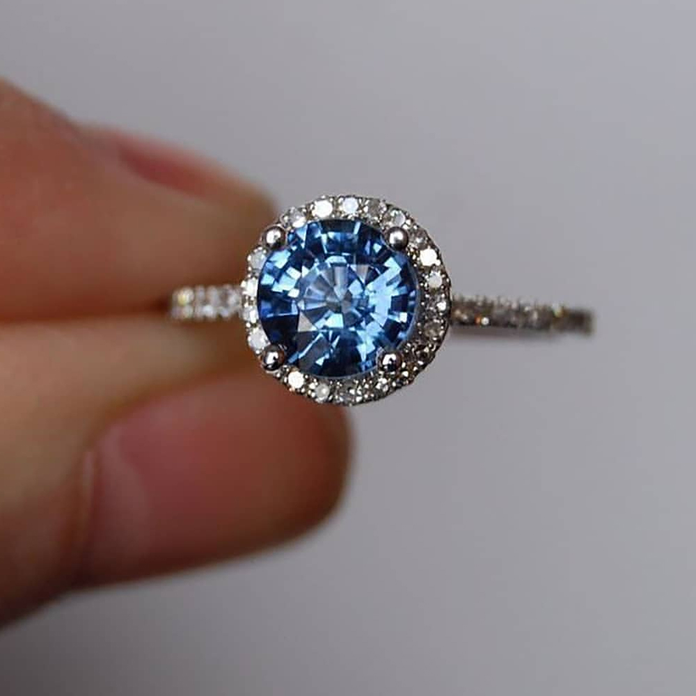 2.00 Ct Blue Stone 925 Sterling Silver Solitaire Halo Ring With White Gold Finished