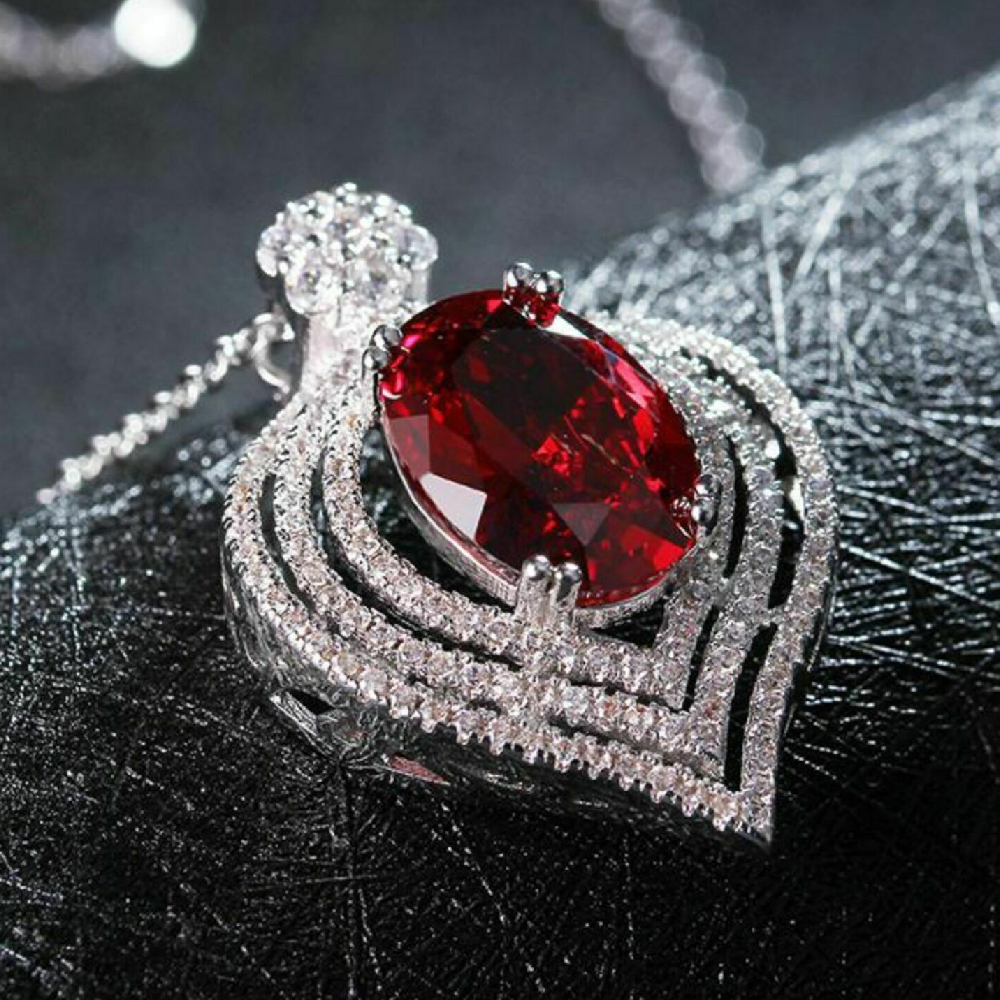 2.50 Ct Oval Cut Red Ruby Halo Pendant Women Jewelry With 18Inch Chain