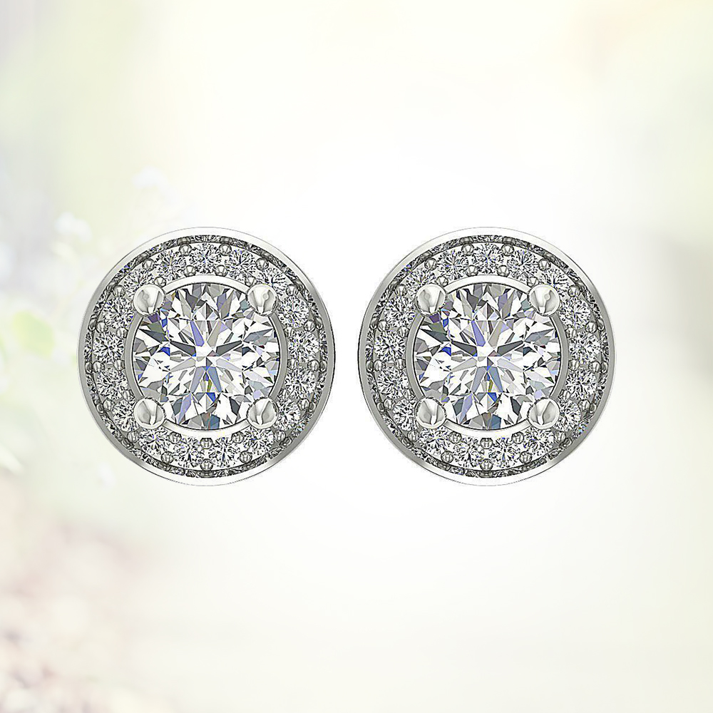 1.30 Ct Round Diamond Designer Halo Solitaire Studs Earrings Sterling Silver White Gold Finish