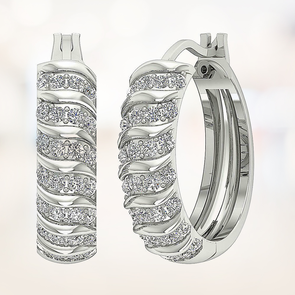 0.85 Ct Diamond Hoops Huggies Earrings In Pave Set Sterling Silver White Gold Finish
