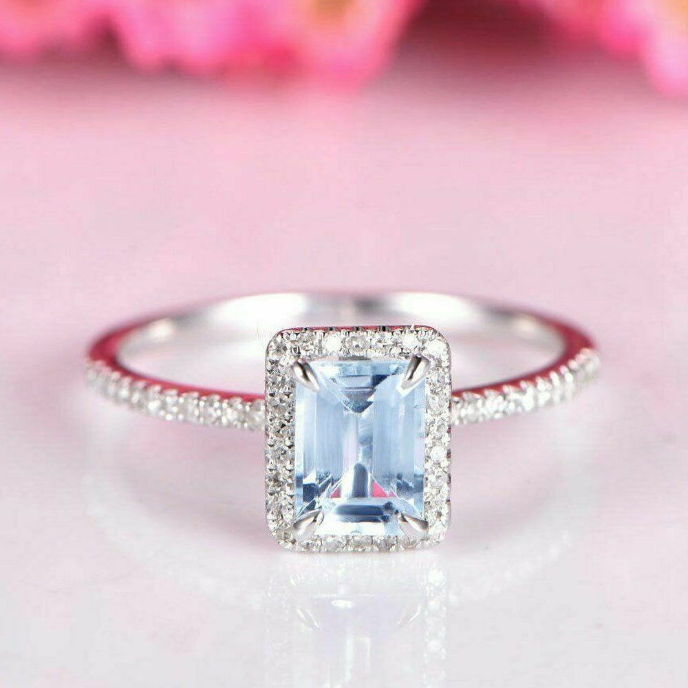 Stunning 2.85 Carat Emerald Cut Aquamarine And Diamond Wedding Halo Ring Sterling Silver White Gold Finished