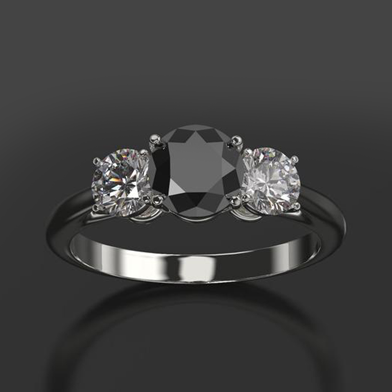 Three Stone Sterling Silver Black And White Diamond Engagement Ring With 14k White Gold Finished